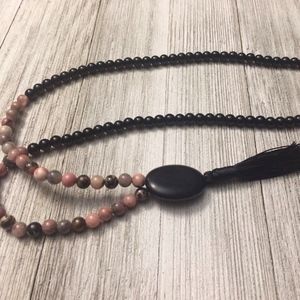 108 6MM Rhondonite Bead Mala w/Onyx & Silk Tassel